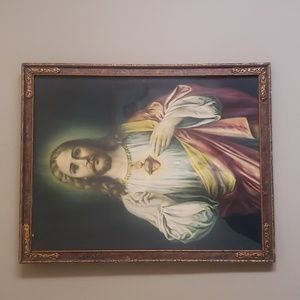 Antique Jesus Christ Sacred Heart Print Frame